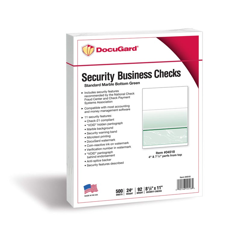 DocuGard Standard Green Marble Bottom High Security Check Paper - QuickBooks & Laser/Inkjet Printer Compatible - 11 Security Features - 500 Blank Business Checks (04518) - Image 2